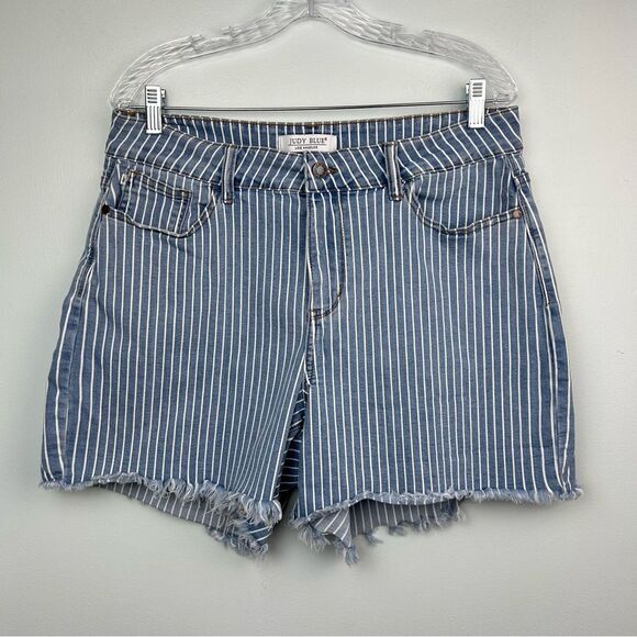 Judy Blue Striped Cutoff High Waist Denim Shorts Raw Hem Stretch JB150027 Sz 1X - Picture 1 of 12